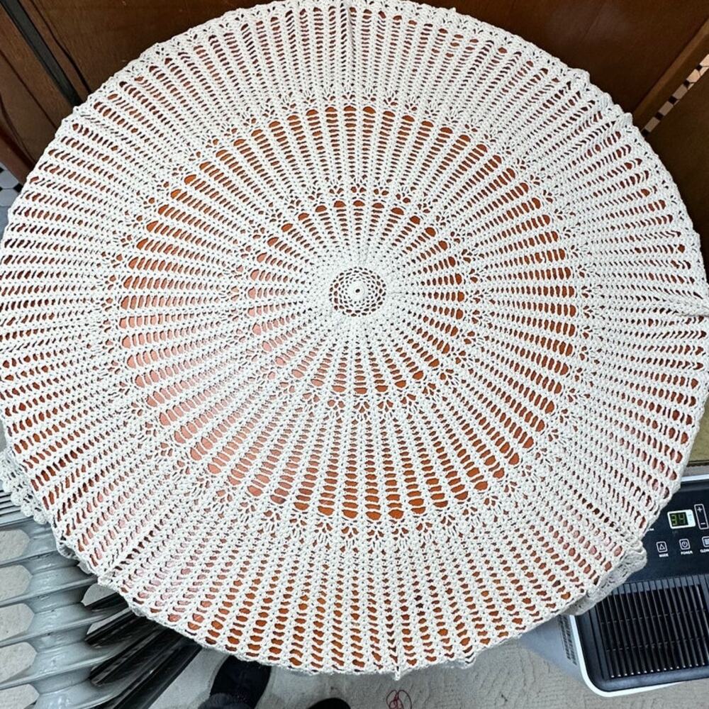 Vintage Heavy Cotton Crochet Round Tablecloth - 50" Diameter